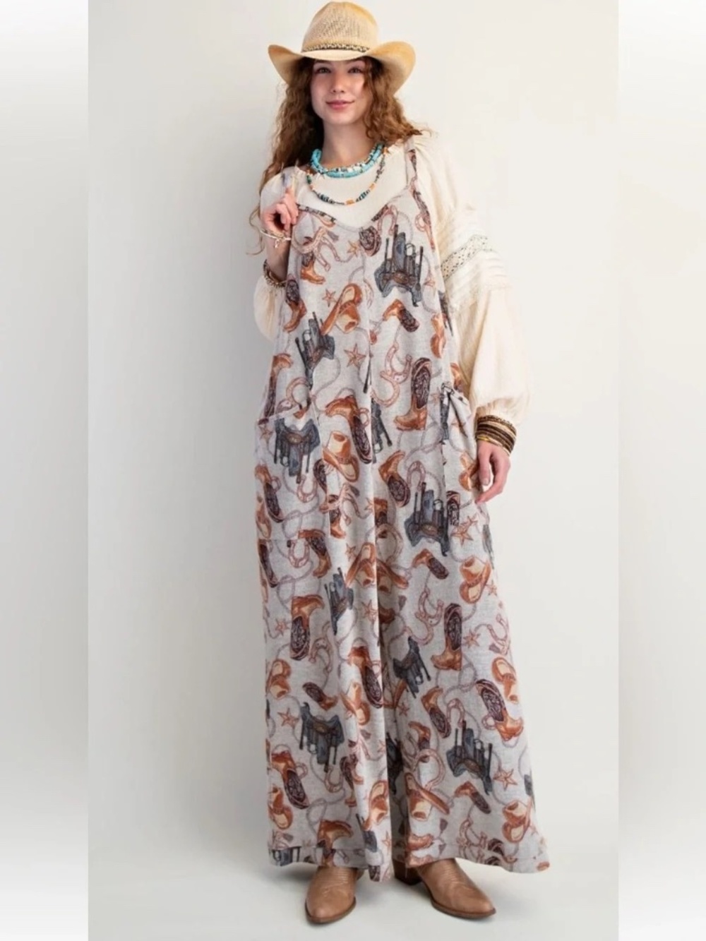 NEW EASEL WESTERN PRINTED BRUSHED HACCI JUMPSUIT RELAXED LOOSE FIT SMALL